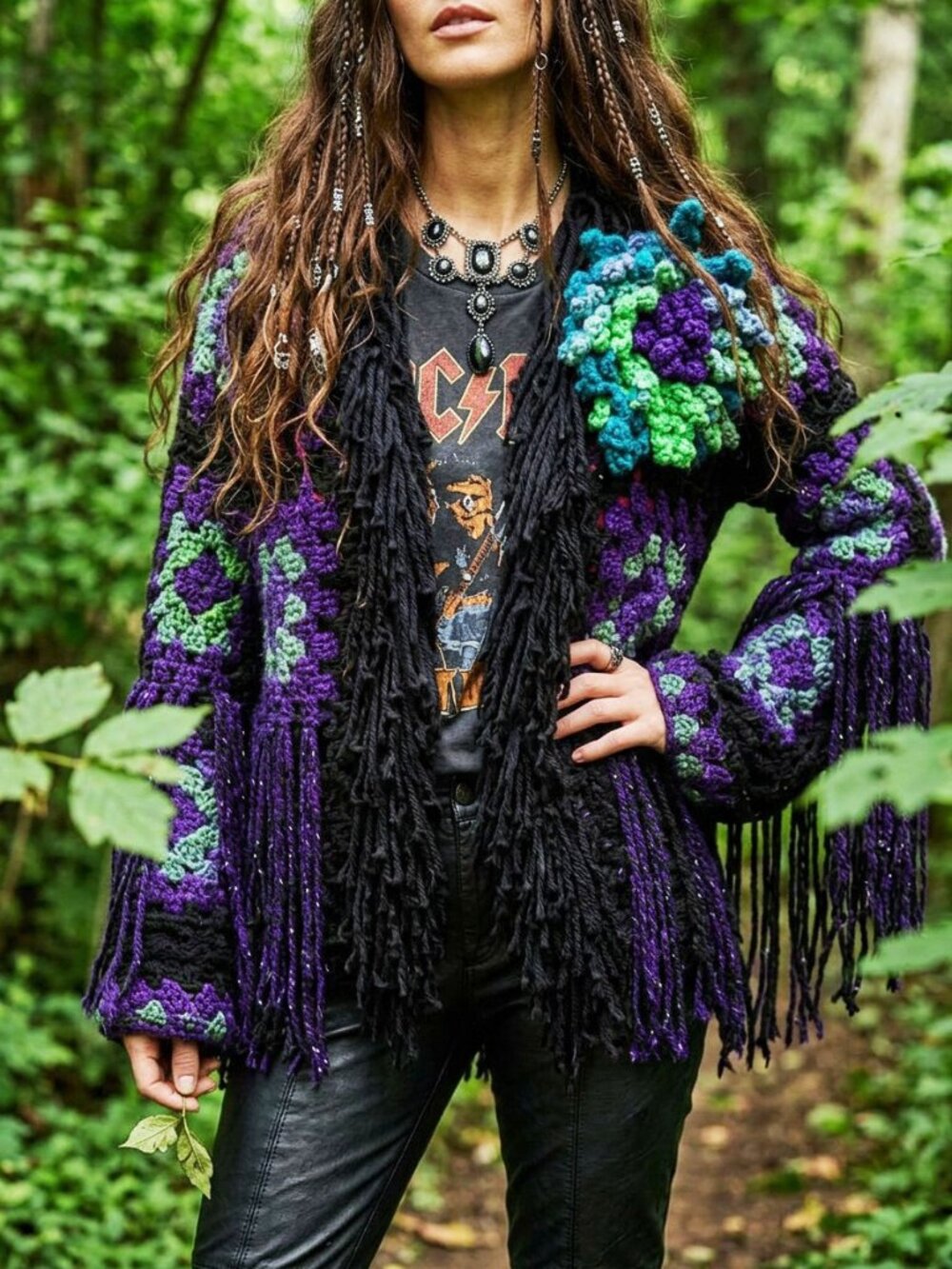 Boho Purple Green Black Granny Square Crazy Fringe Sweater L/XL
